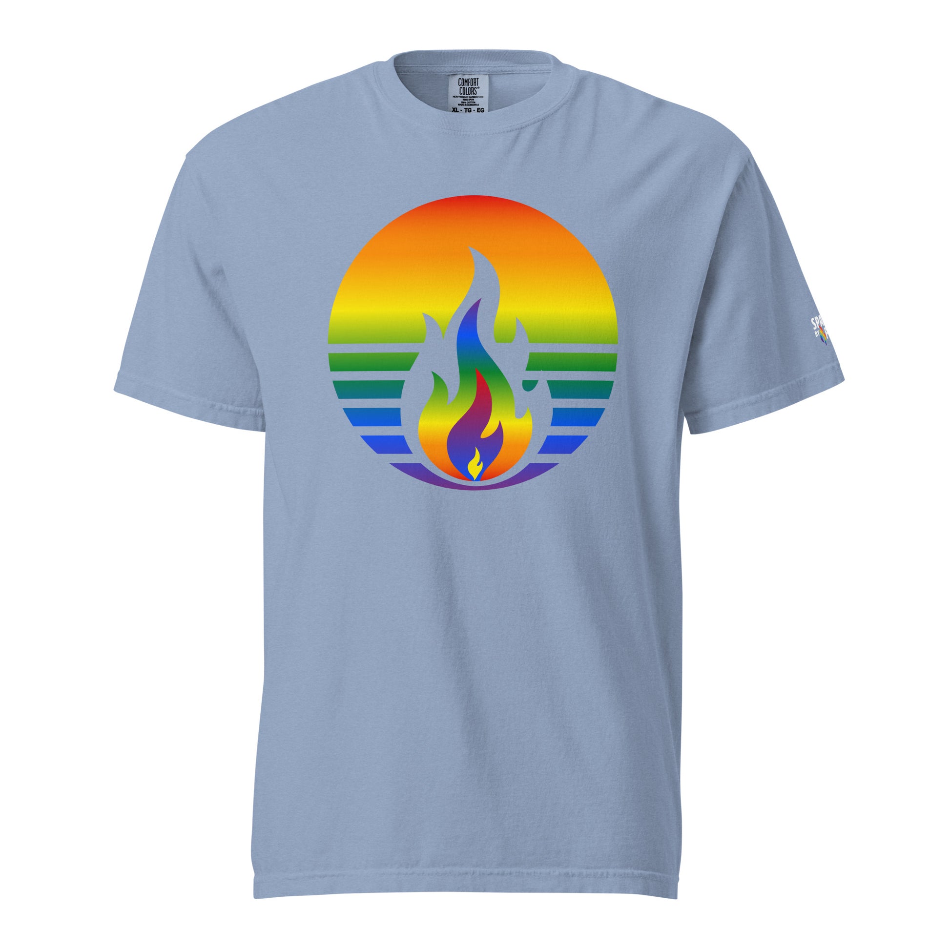 Rainbow Pride Fire Rising T-Shirt with retro pride flame graphic on unisex Comfort Colors shirt by Sparked By Pride
