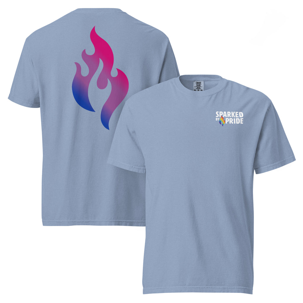 Bisexual Pride Flame T-shirt with retro pride flame graphic in bi flag colors, unisex pride tee by Sparked By Pride