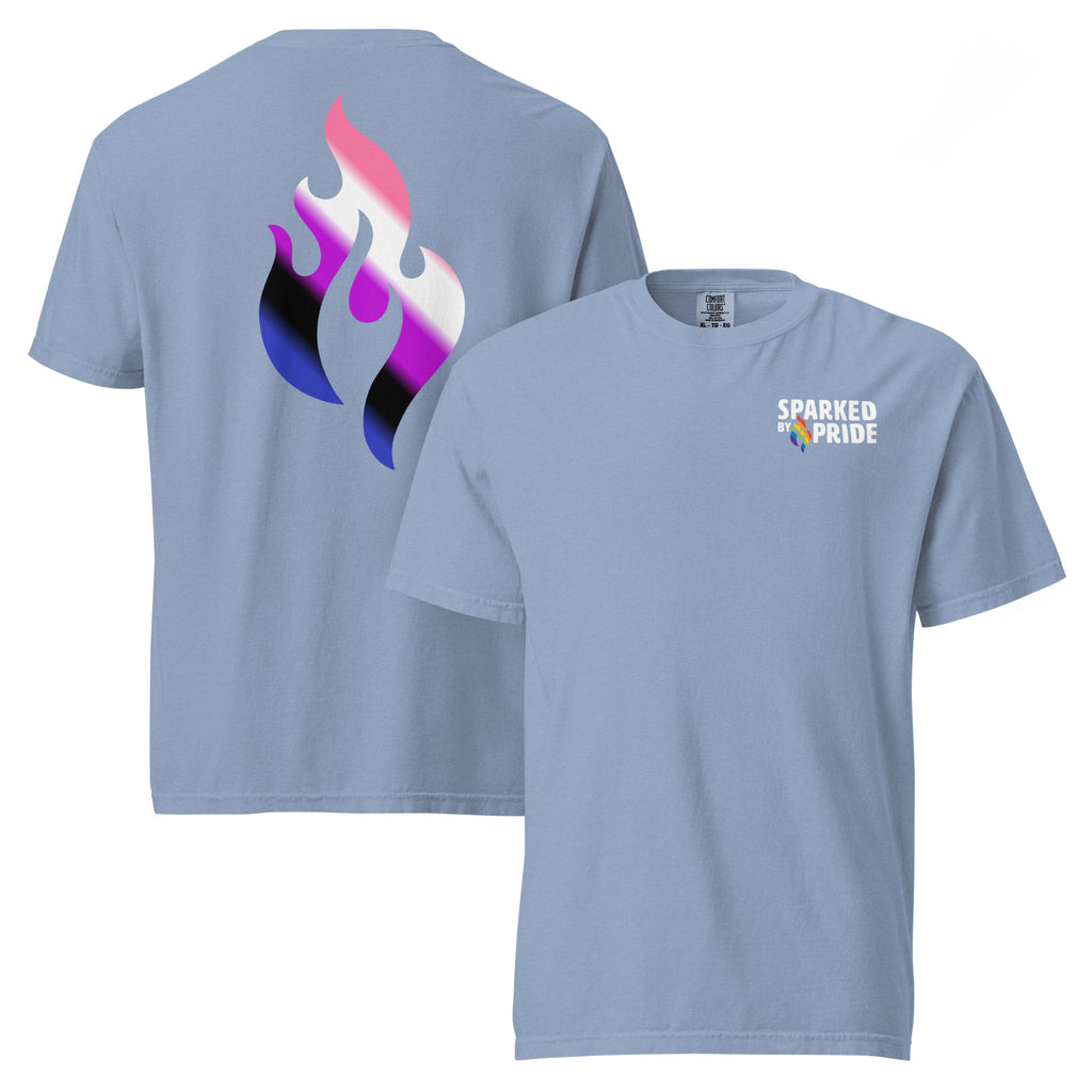 Genderfluid Pride Flame T-shirt with retro pride flame graphic, unisex LGBTQ+ pride apparel by Sparked By Pride