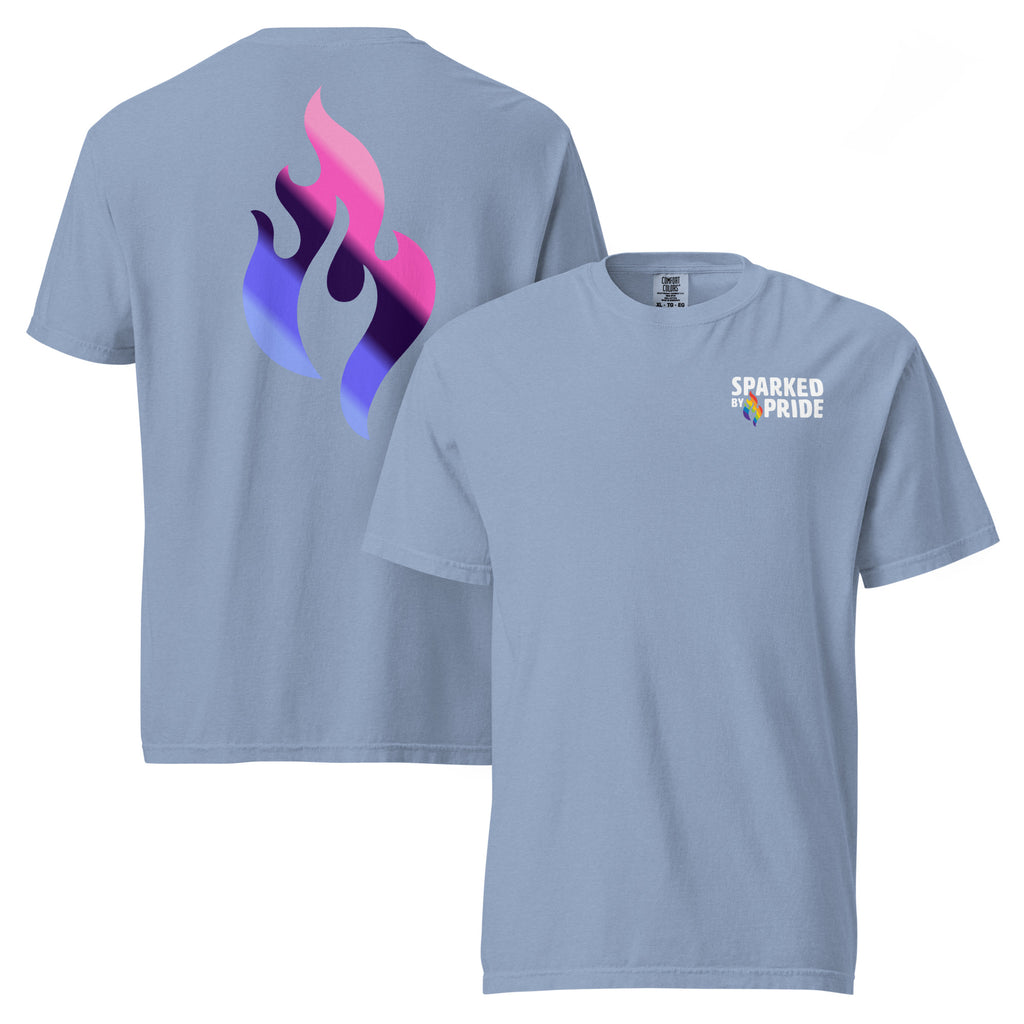 Omnisexual Pride Flame T-shirt with retro pride flame graphic in pink, purple, blue by Sparked By Pride