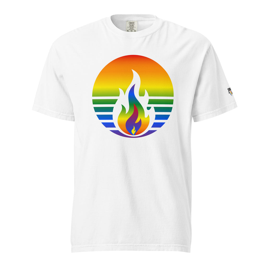 Rainbow Pride Fire Rising T-Shirt with retro pride flame graphic, unisex pride t-shirt by Sparked By Pride
