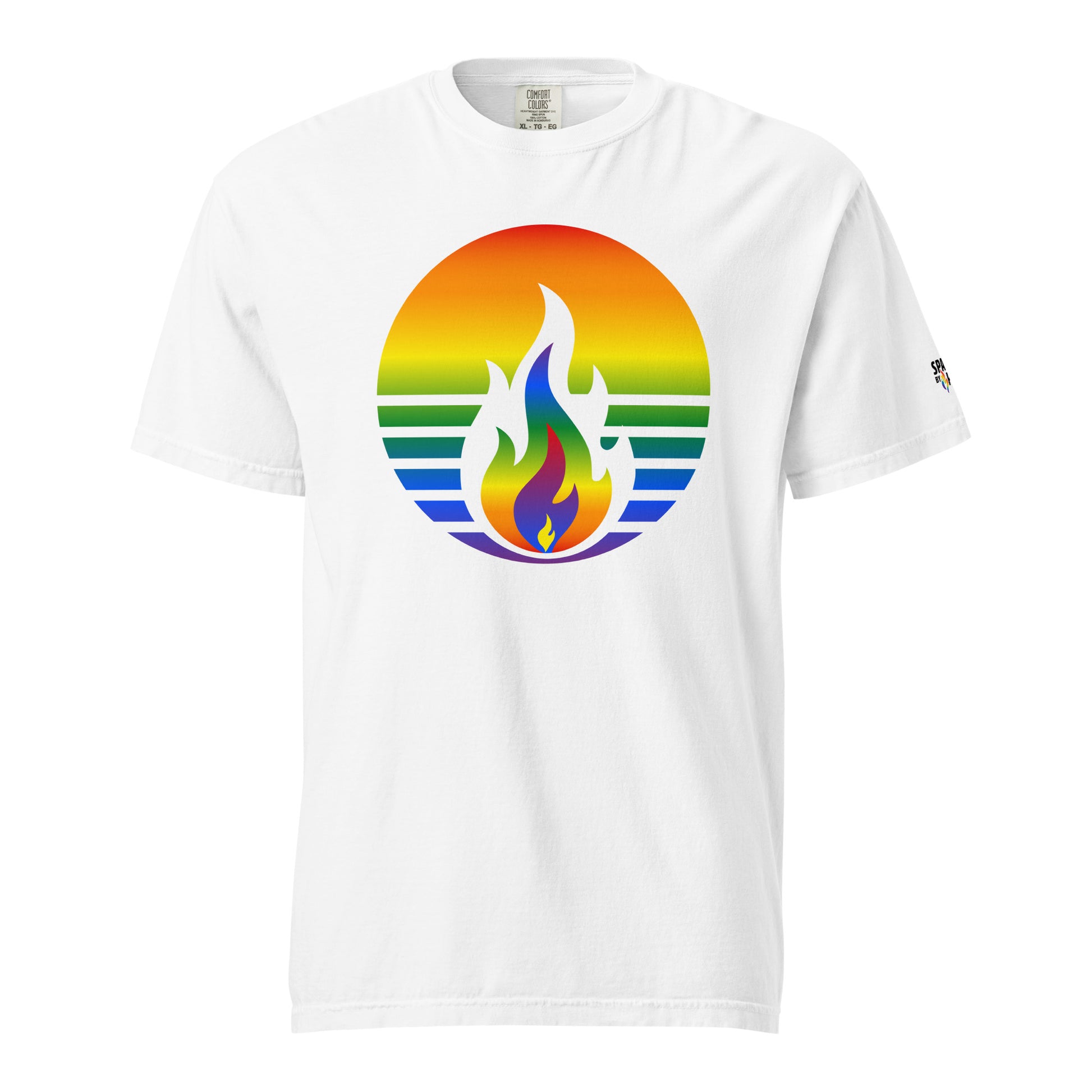Rainbow Pride Fire Rising T-Shirt with retro pride flame graphic, unisex pride t-shirt by Sparked By Pride
