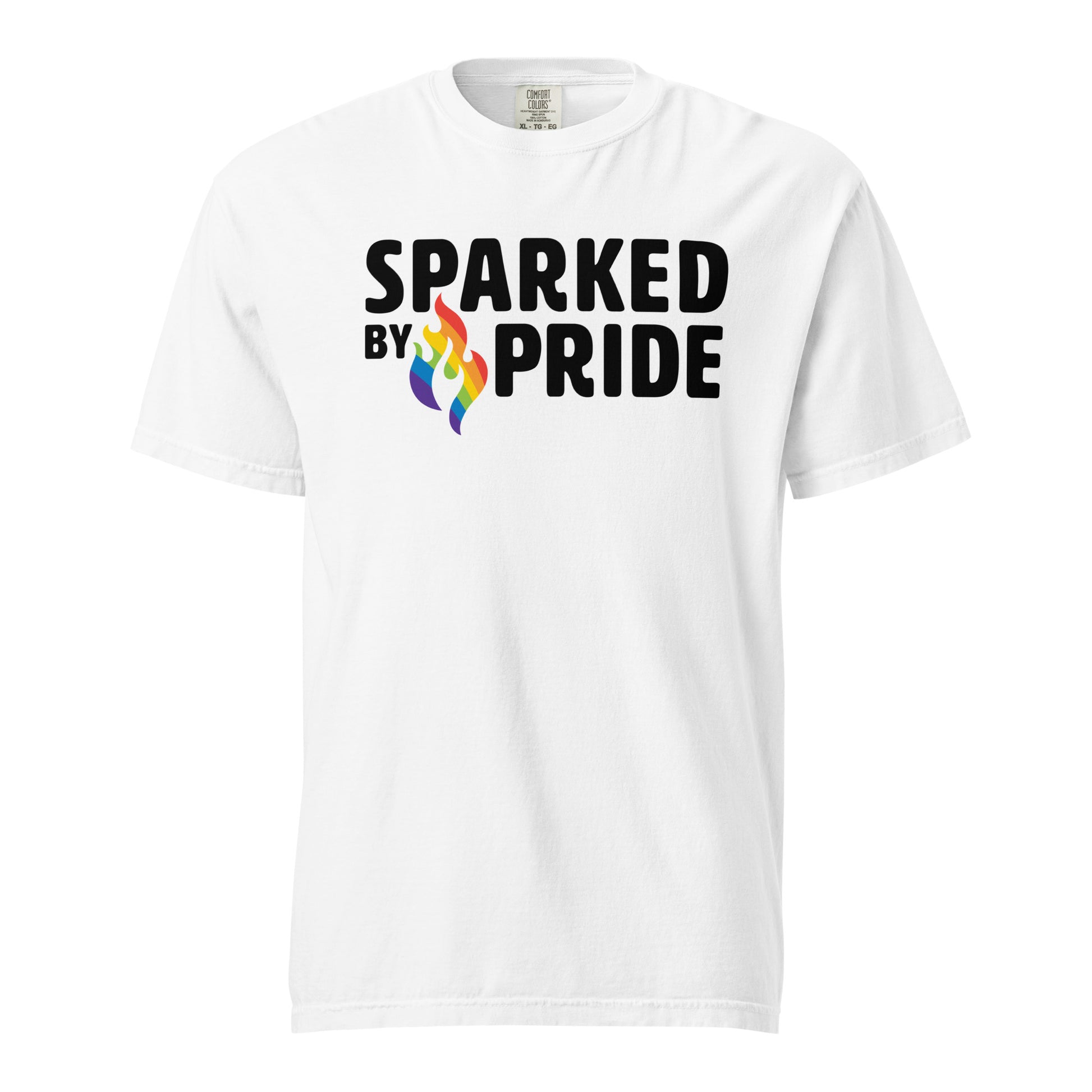 Sparked by Pride Unisex T-Shirt with printed pride flame graphic, inclusive queer fashion by Sparked By Pride