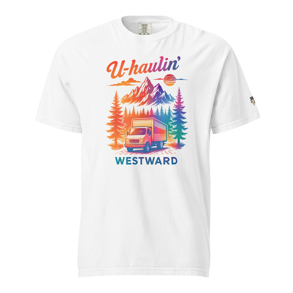 U-Haulin’ Westward T-Shirt unisex pride tee with retro pride flame graphic by Sparked By Pride