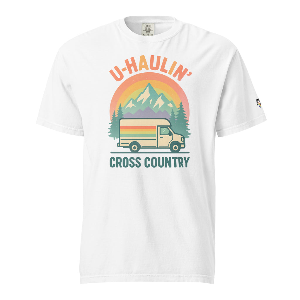 U-Haulin’ Cross Country T-Shirt unisex pride tee with retro flame graphic by Sparked By Pride
