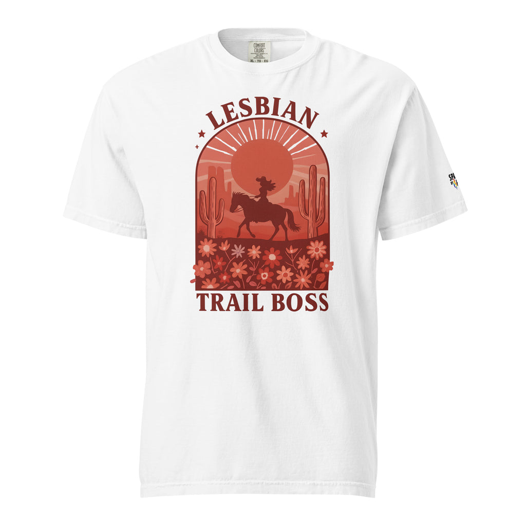 Lesbian Trail Boss T-Shirt with retro pride flame design, unisex LGBTQ+ pride apparel by Sparked By Pride