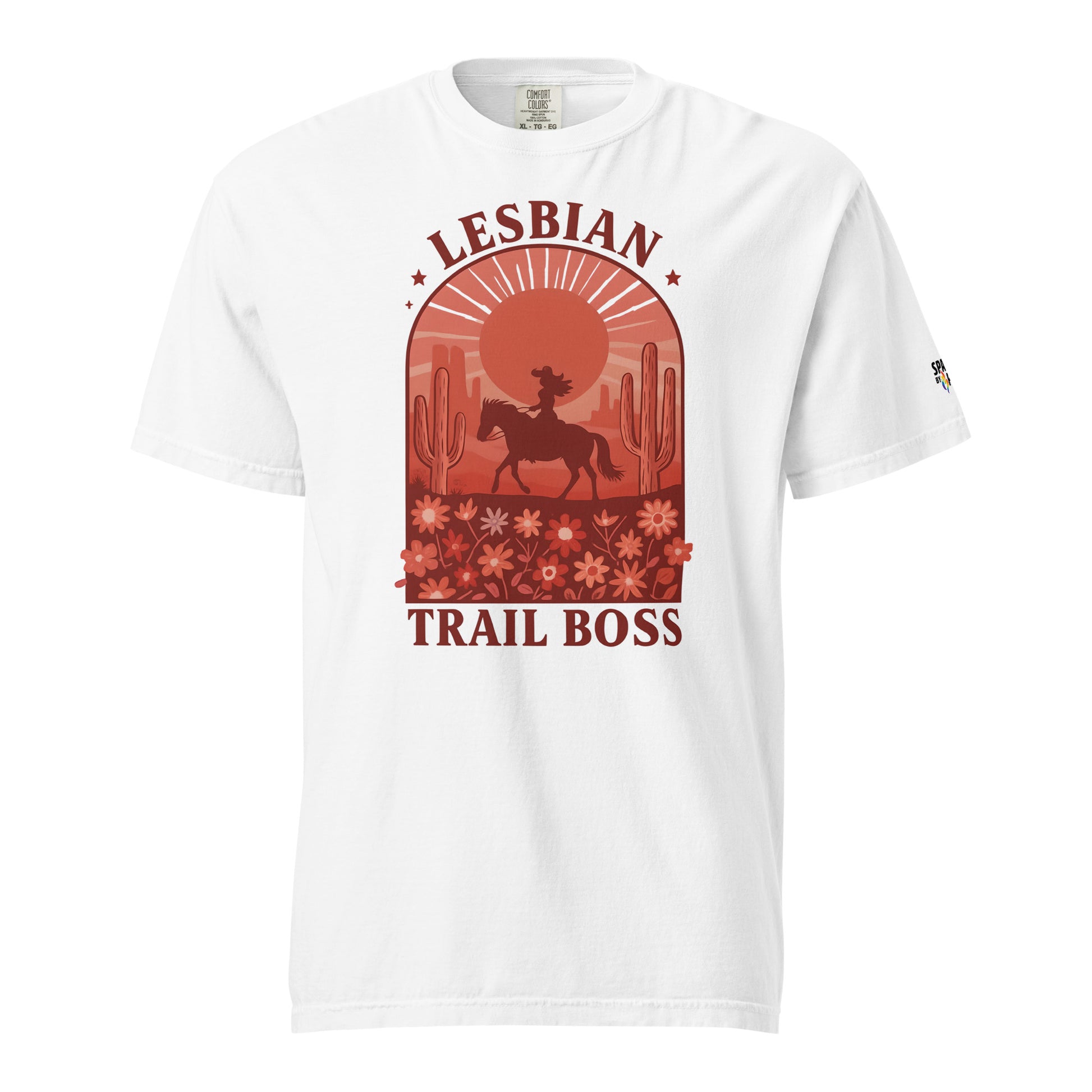 Lesbian Trail Boss T-Shirt with retro pride flame design, unisex LGBTQ+ pride apparel by Sparked By Pride