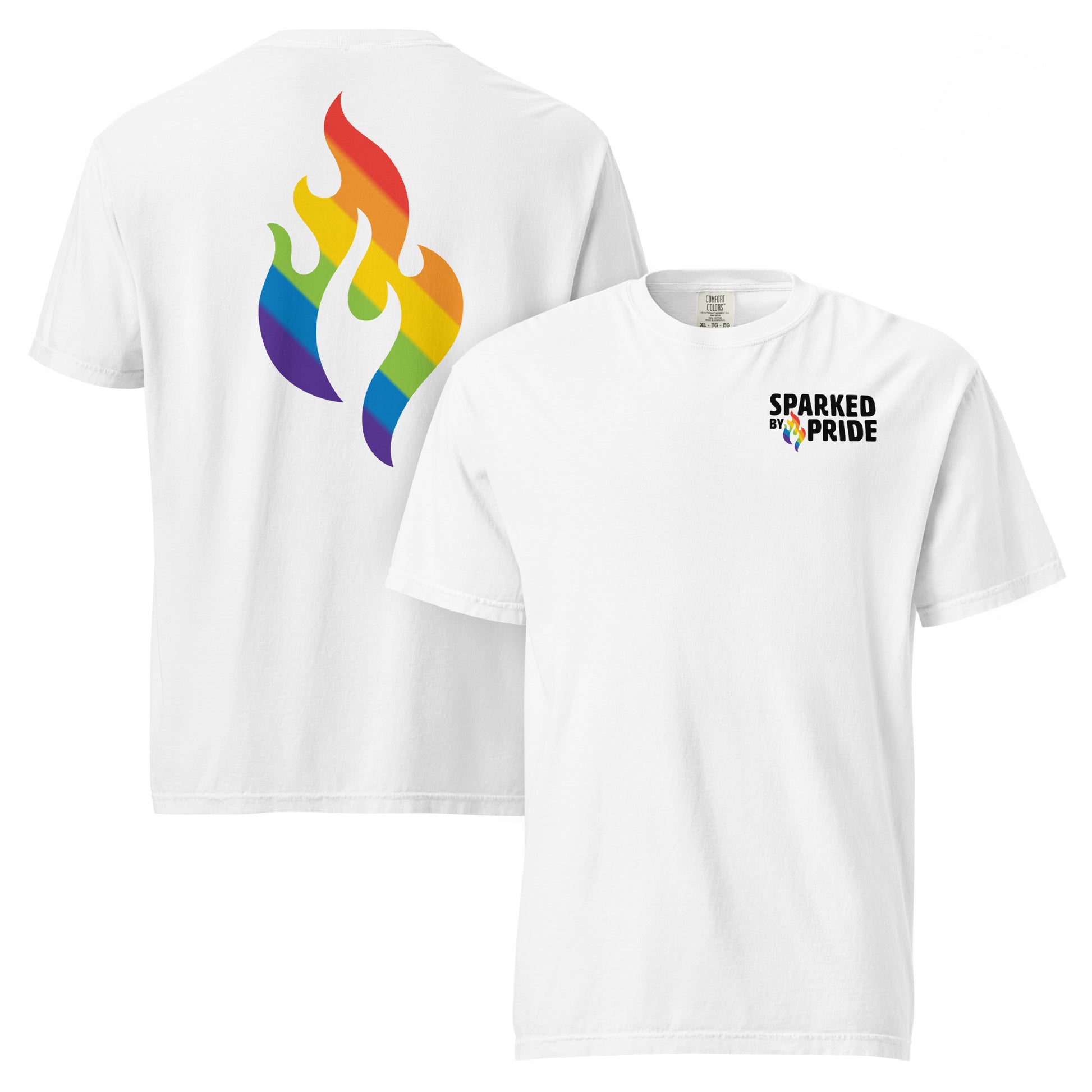 Rainbow Pride Flame T-Shirt with printed pride flame graphic, unisex pride t-shirt by Sparked By Pride