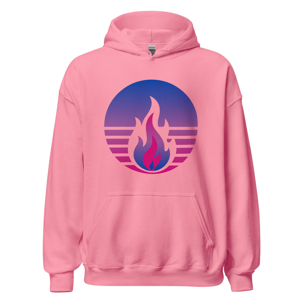 Bisexual Pride Fire Rising Hoodie with retro pride flame graphic, inclusive queer fashion by Sparked By Pride