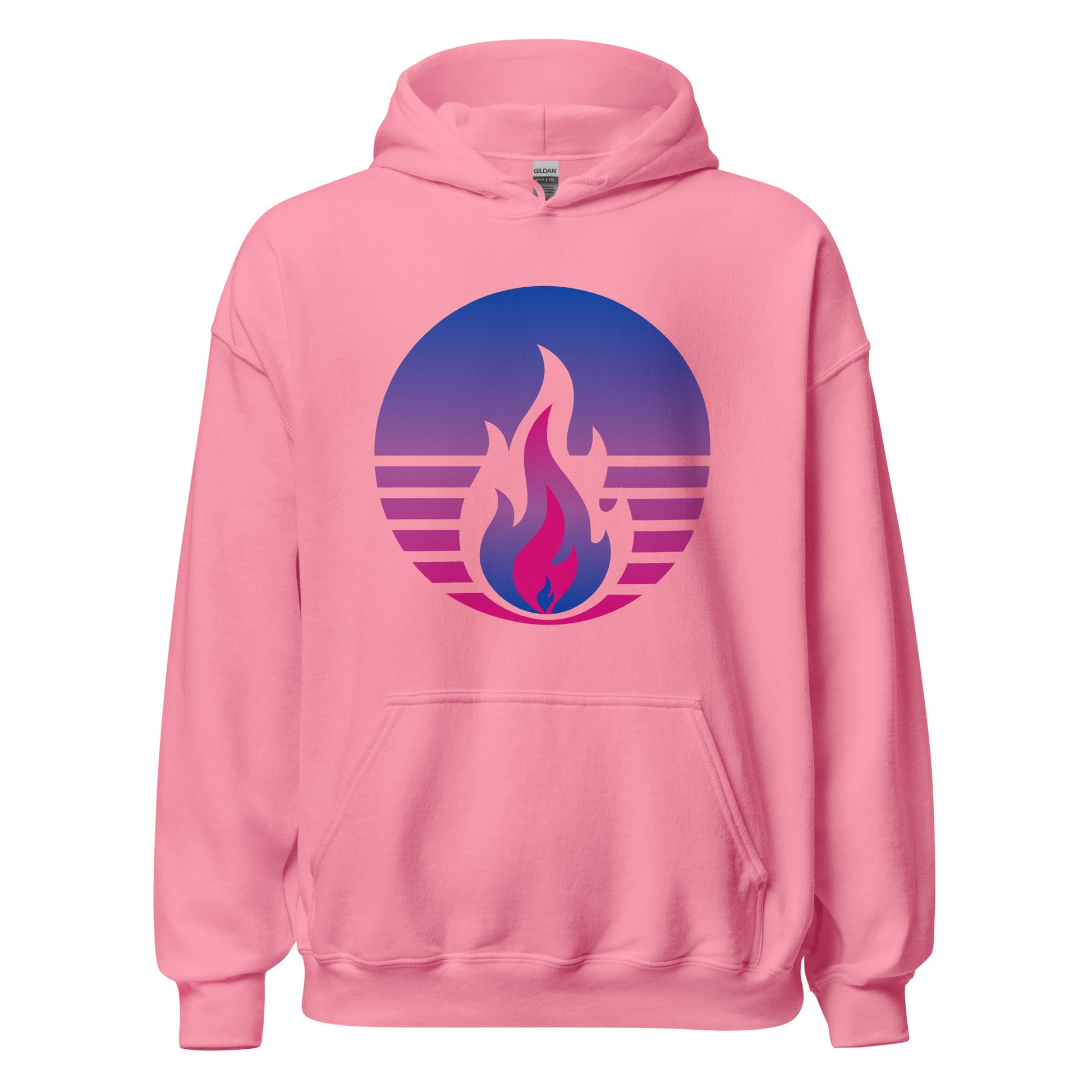 Bisexual Pride Fire Rising Hoodie with retro pride flame graphic, inclusive queer fashion by Sparked By Pride