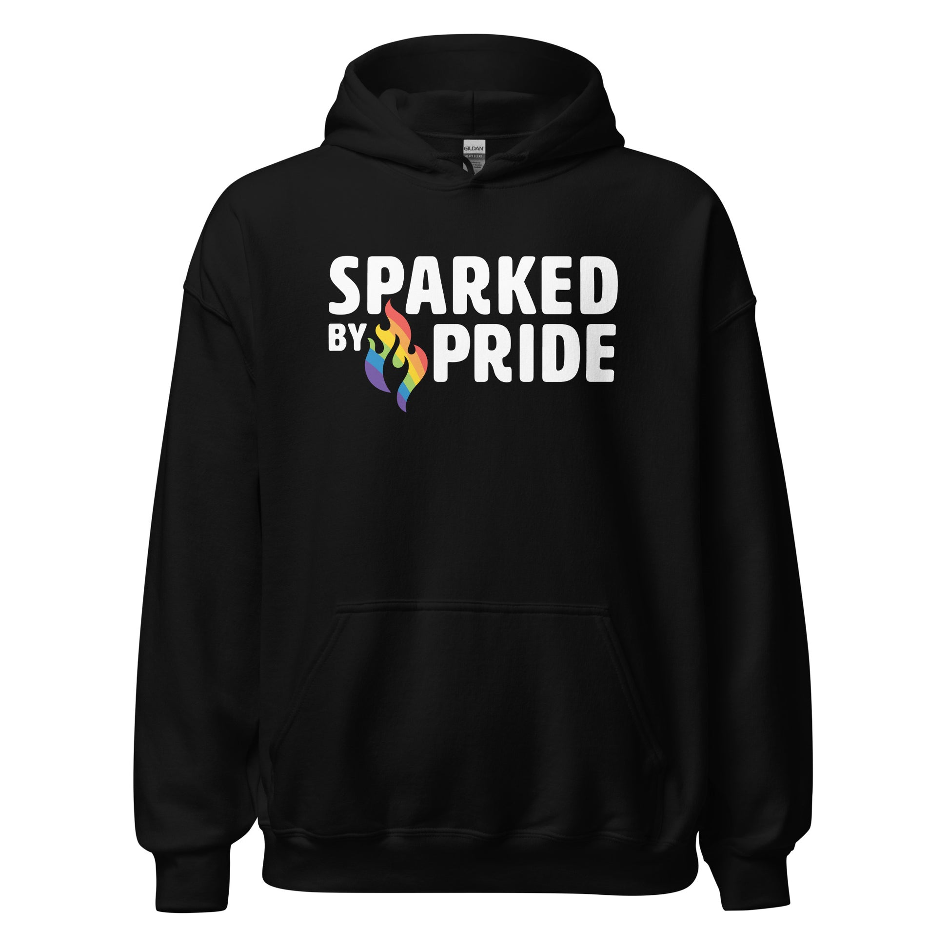 Black unisex Sparked by Pride Hoodie with printed retro pride flame logo, made to order LGBTQ apparel by Sparked By Pride.