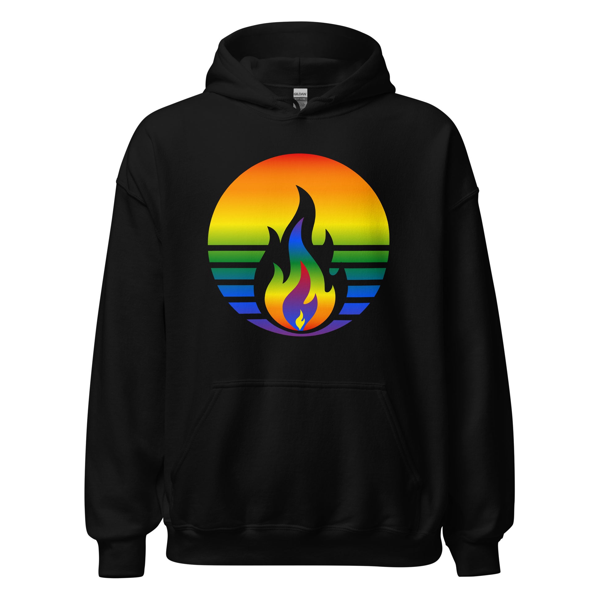 Rainbow Pride Fire Rising Hoodie with retro pride flame graphic, unisex LGBTQ+ pride apparel by Sparked By Pride
