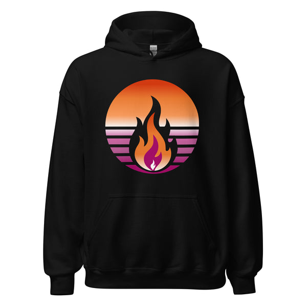 Lesbian Pride Fire Rising Hoodie with retro pride flame graphic, comfort colors pride shirt by Sparked By Pride