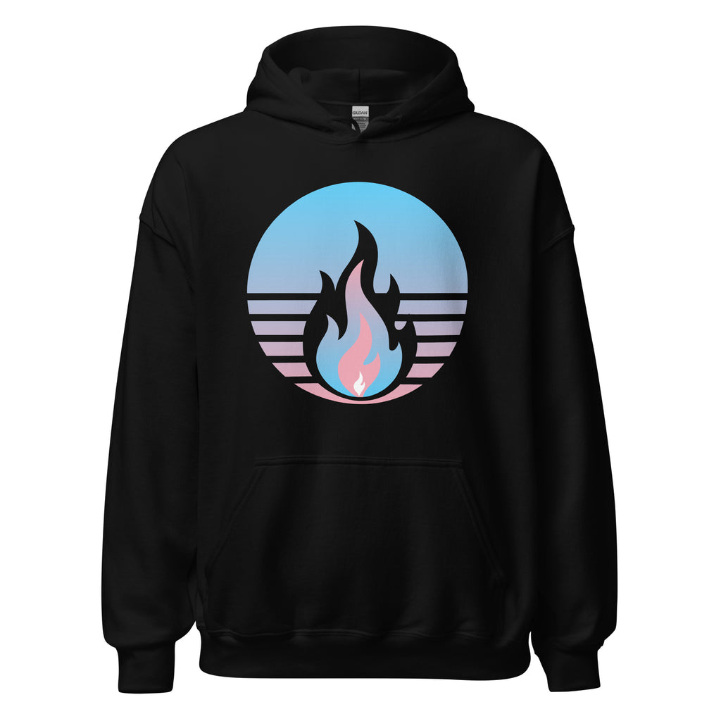 Transgender Fire Rising Hoodie with retro pride flame graphic, unisex LGBTQ+ pride apparel by Sparked By Pride