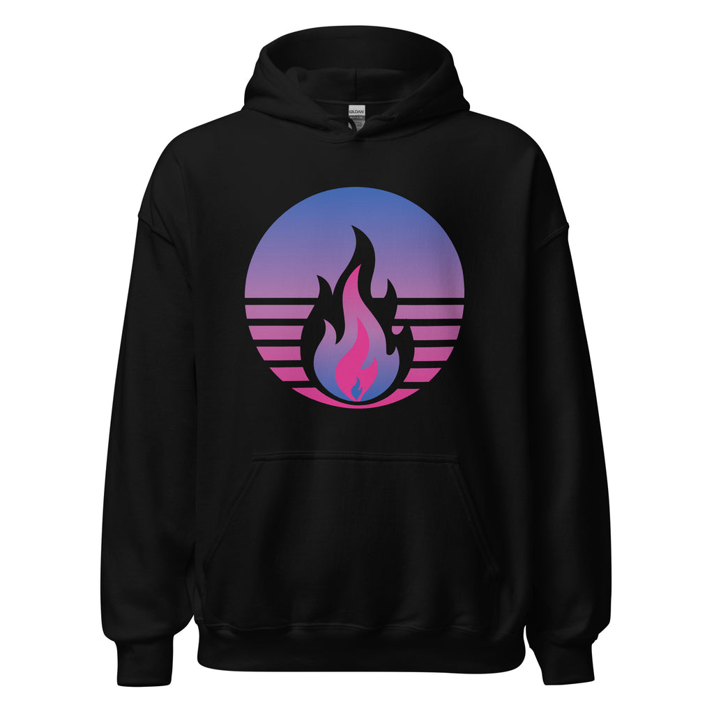 Bisexual Pride Fire Rising Hoodie with retro pride flame graphic, inclusive queer fashion by Sparked By Pride