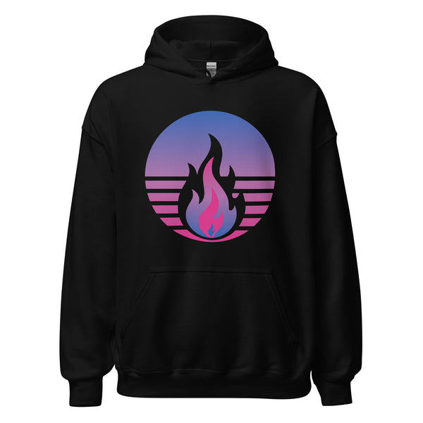 Bisexual Pride Fire Rising Hoodie with retro pride flame graphic, inclusive queer fashion by Sparked By Pride