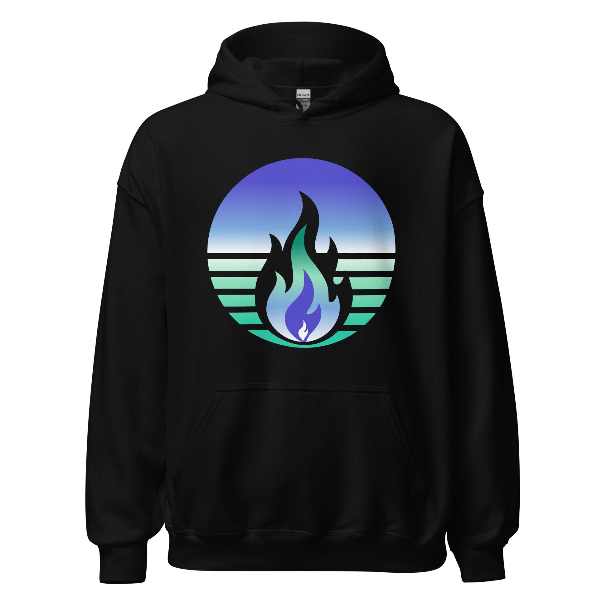 Gay Men Pride Fire Rising Hoodie featuring retro pride flame graphic in LGBTQ+ colors by Sparked By Pride