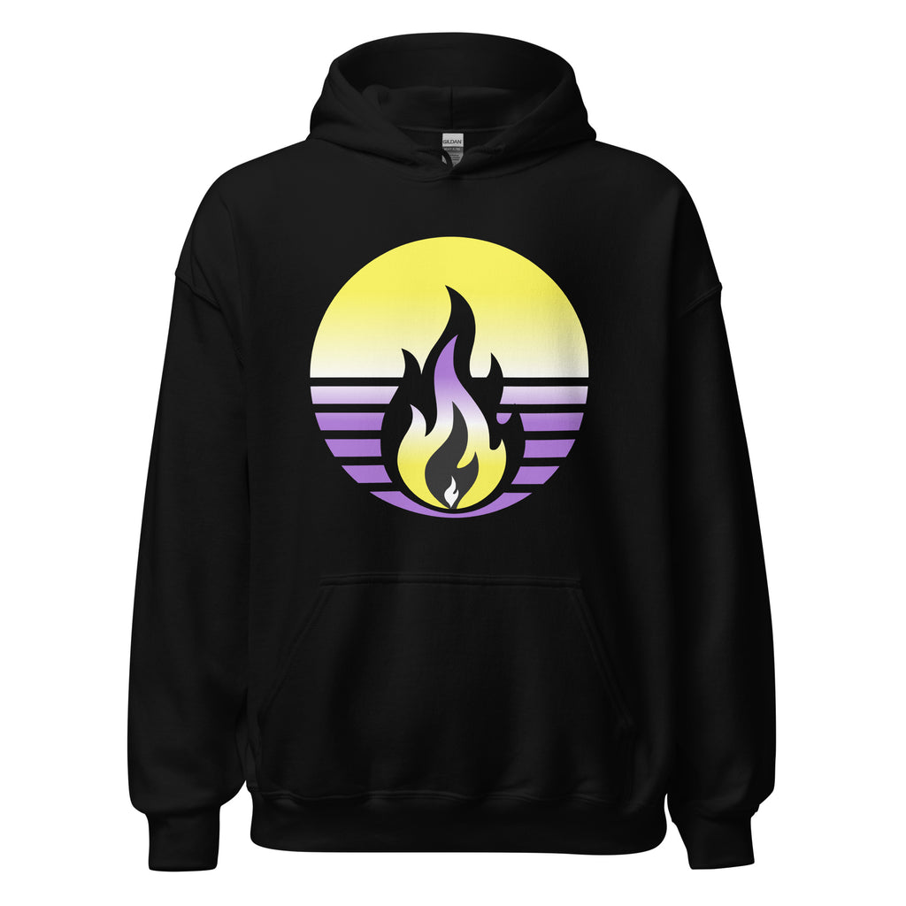 Nonbinary Pride Fire Rising Hoodie with retro pride flame, printed pride flame graphic by Sparked By Pride.