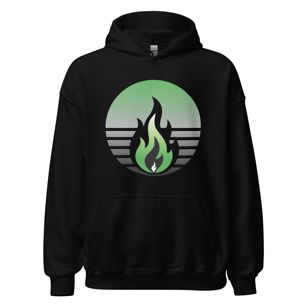 Aromantic Pride Fire Rising Hoodie with retro pride flame graphic, unisex LGBTQ+ apparel by Sparked By Pride