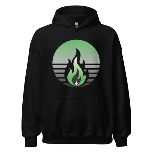 Aromantic Pride Fire Rising Hoodie with retro pride flame graphic, unisex LGBTQ+ apparel by Sparked By Pride