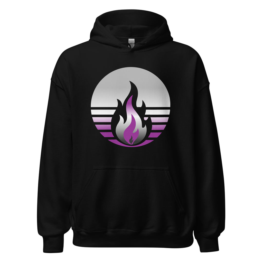 Asexual Pride Fire Rising Hoodie with retro pride flame graphic, unisex fit, gender-affirming clothing by Sparked By Pride