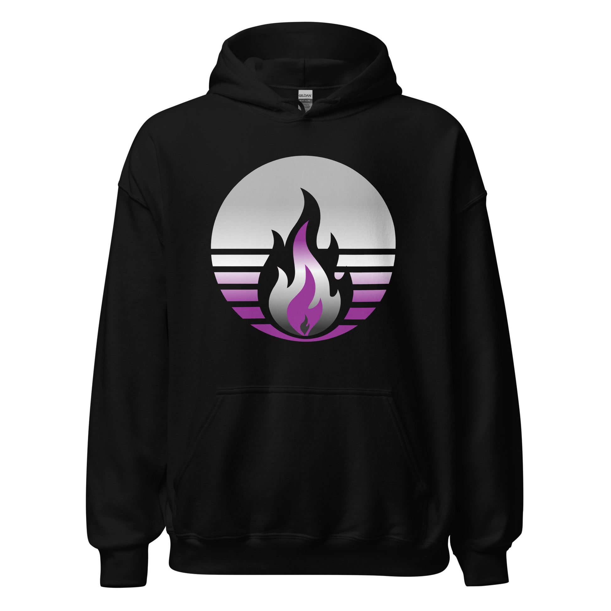 Asexual Pride Fire Rising Hoodie with retro pride flame graphic, unisex fit, gender-affirming clothing by Sparked By Pride