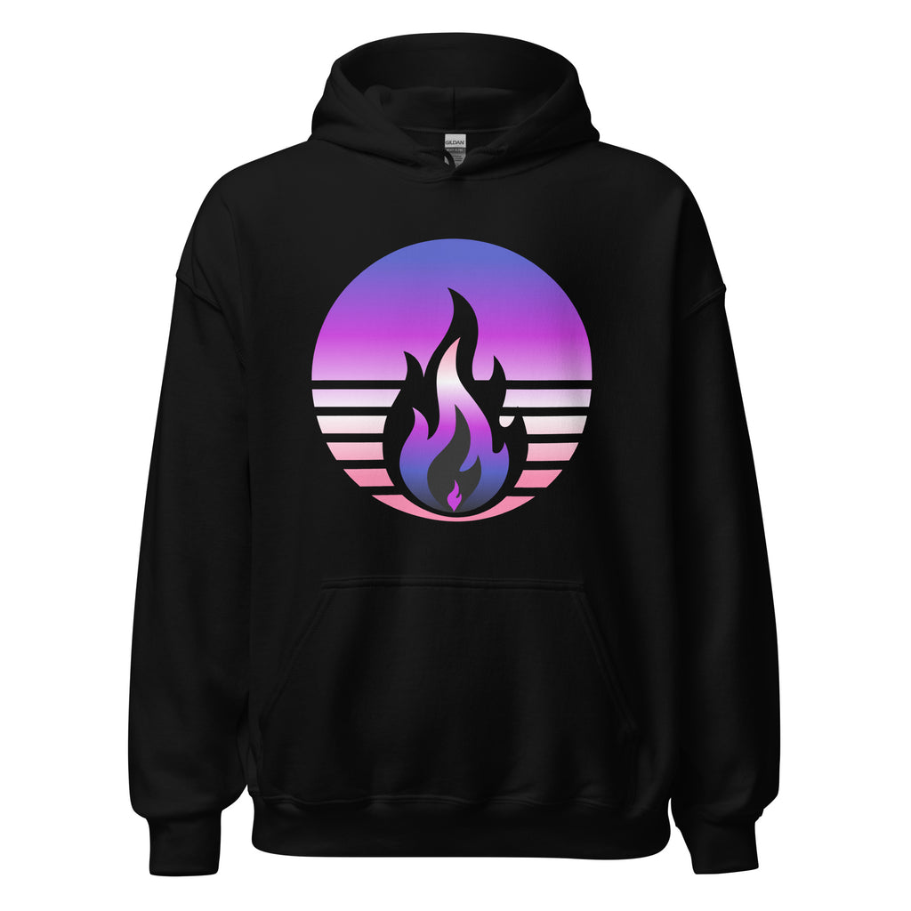 Genderfluid Pride Fire Rising Hoodie with retro pride flame graphic, unisex comfort Colors shirt by Sparked By Pride