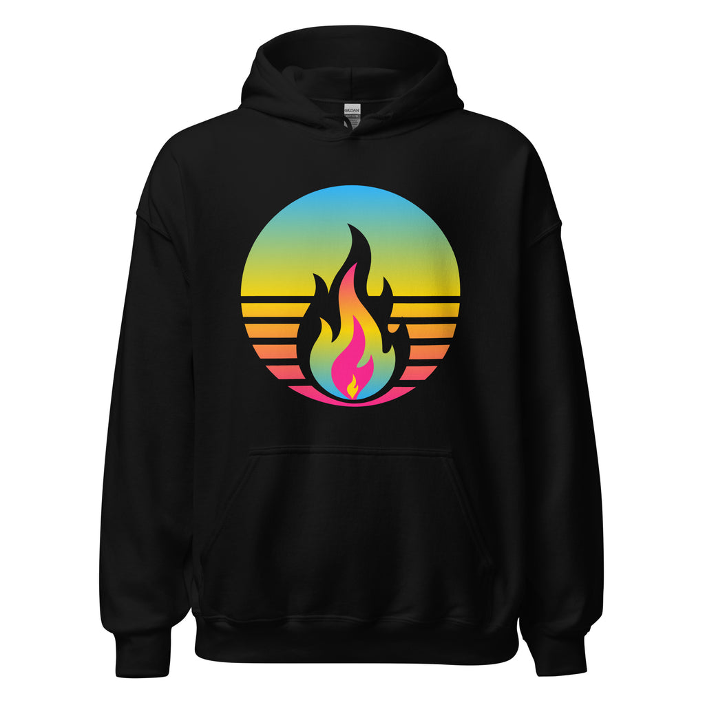 Pansexual Fire Rising Hoodie with retro pride flame graphic, unisex fit, made to order LGBTQ apparel by Sparked By Pride