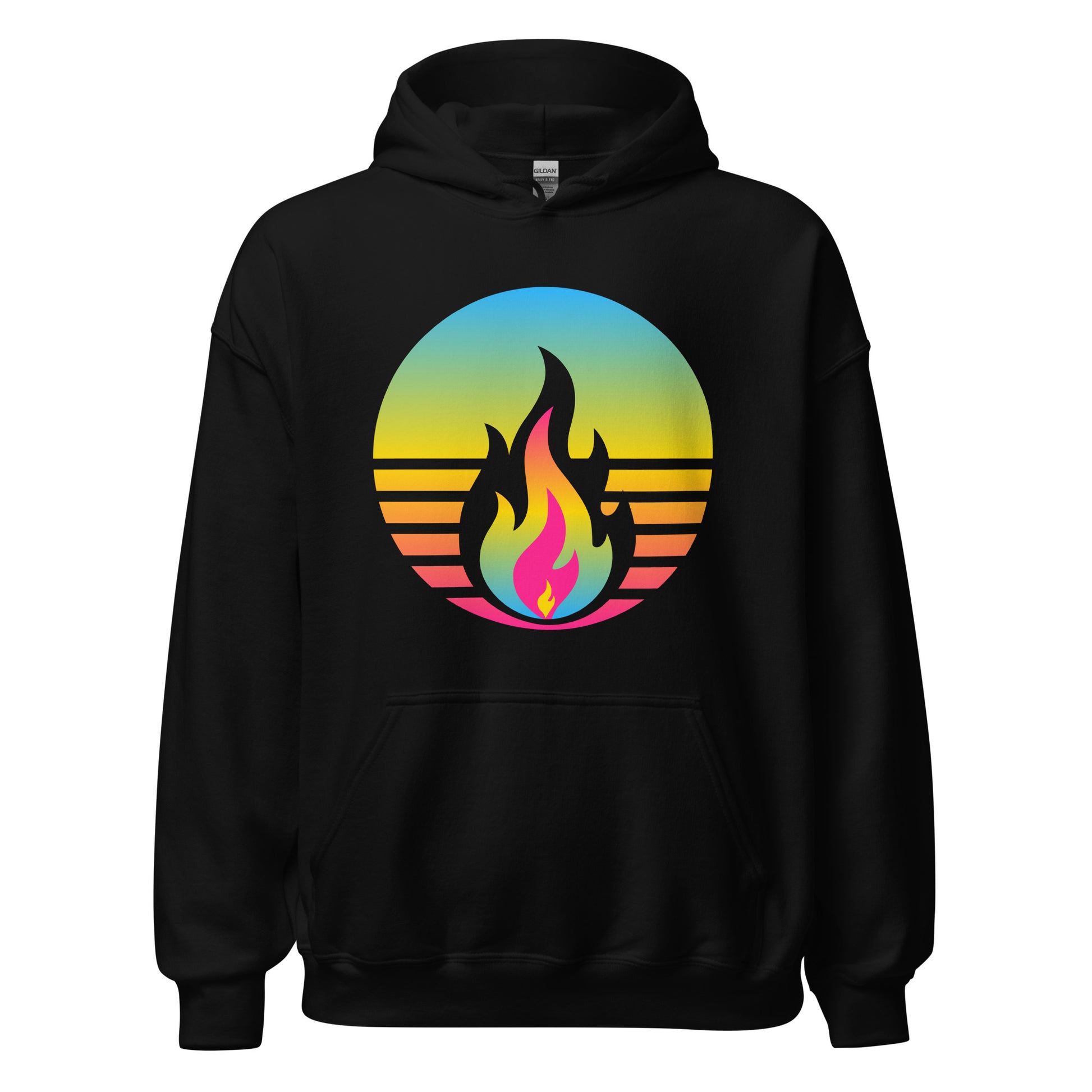 Pansexual Fire Rising Hoodie with retro pride flame graphic, unisex fit, made to order LGBTQ apparel by Sparked By Pride