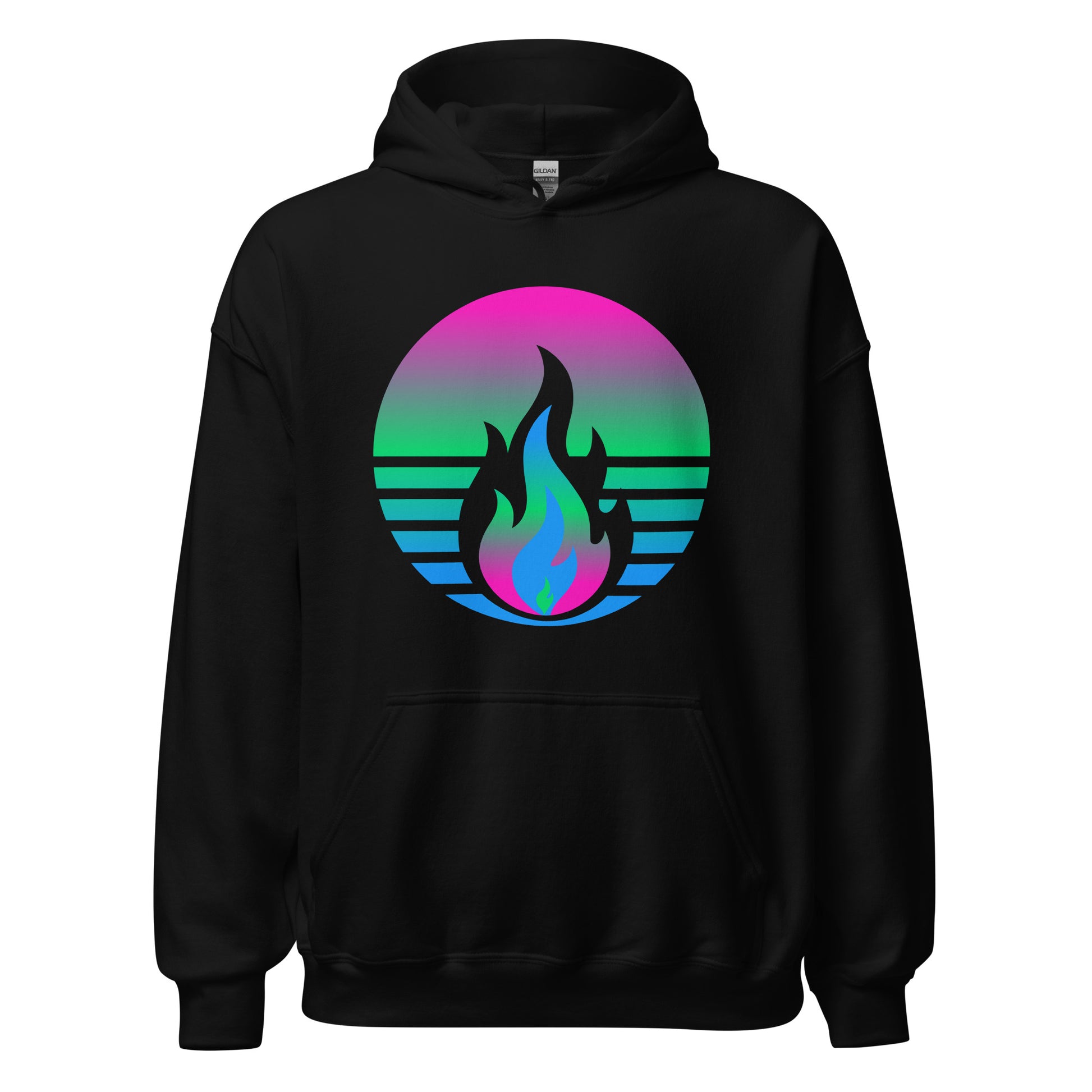 Polysexual Pride Fire Rising Hoodie with retro pride flame graphic, unisex LGBTQ+ apparel by Sparked By Pride