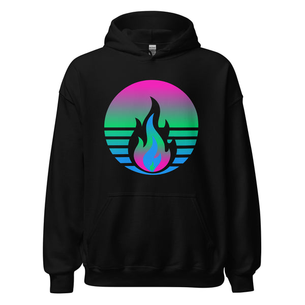 Polysexual Pride Fire Rising Hoodie with retro pride flame graphic, unisex LGBTQ+ apparel by Sparked By Pride