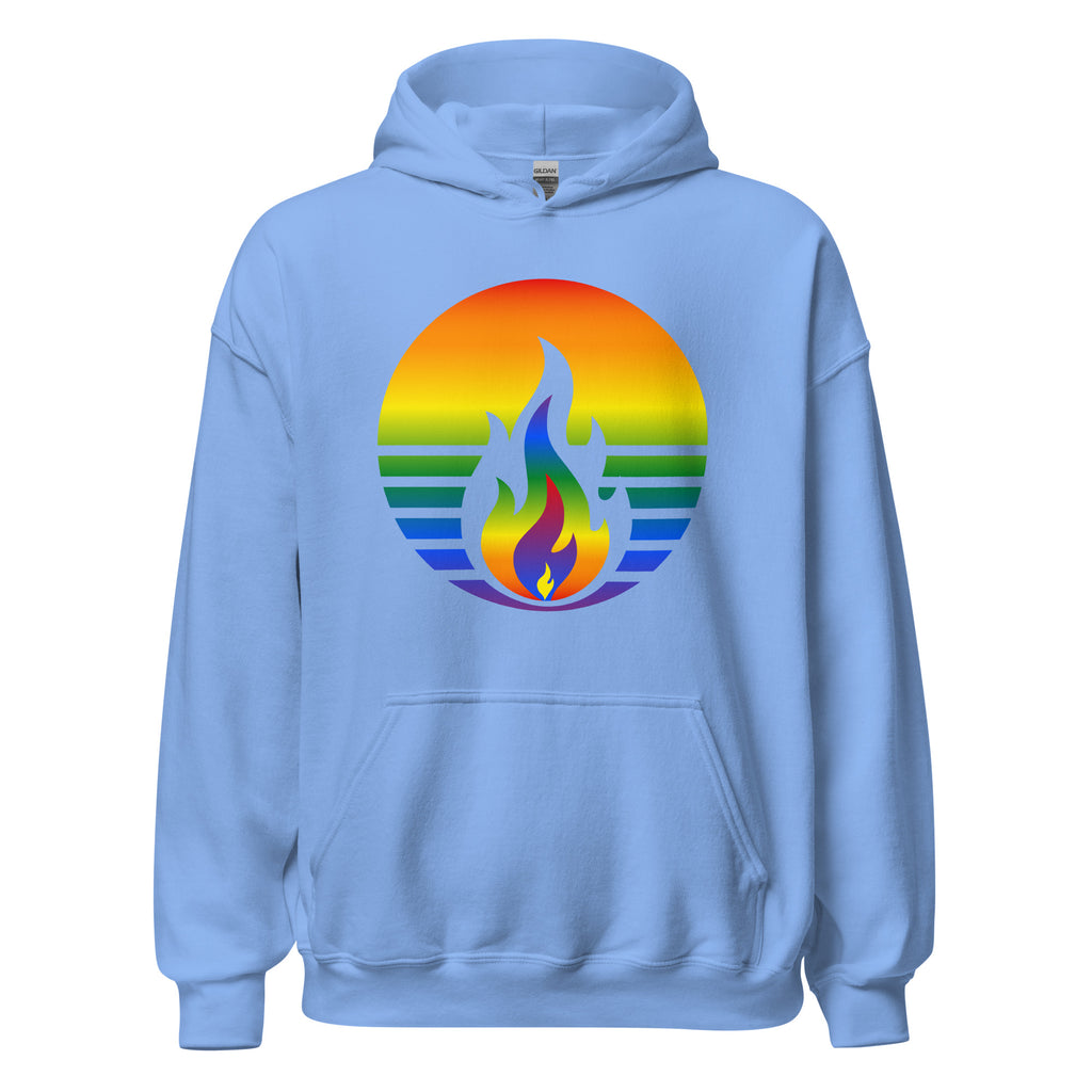 Rainbow Pride Fire Rising Hoodie with retro pride flame graphic, unisex LGBTQ+ pride apparel by Sparked By Pride