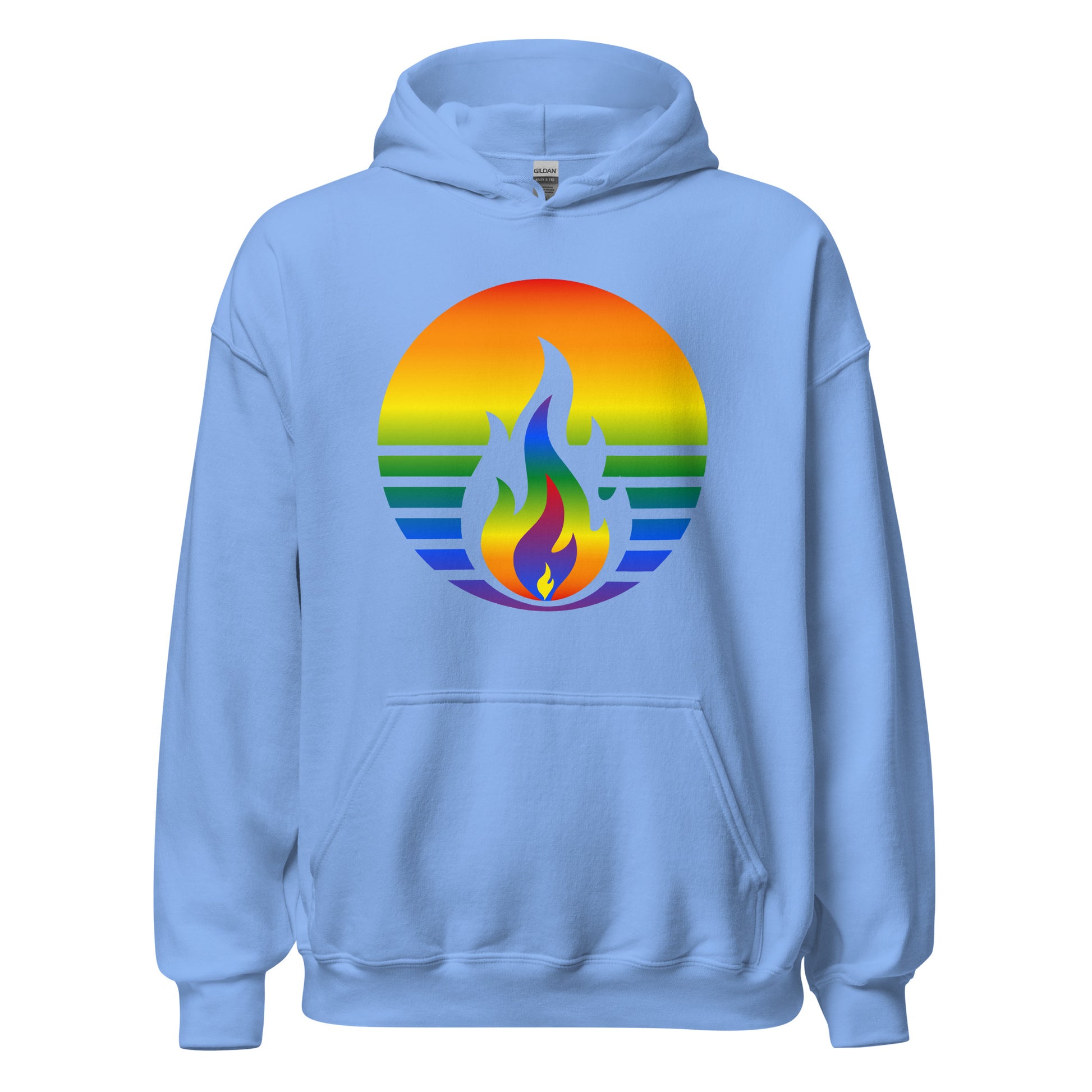 Rainbow Pride Fire Rising Hoodie with retro pride flame graphic, unisex LGBTQ+ pride apparel by Sparked By Pride