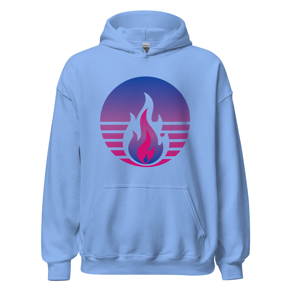 Bisexual Pride Fire Rising Hoodie with retro pride flame graphic, gender-affirming clothing by Sparked By Pride
