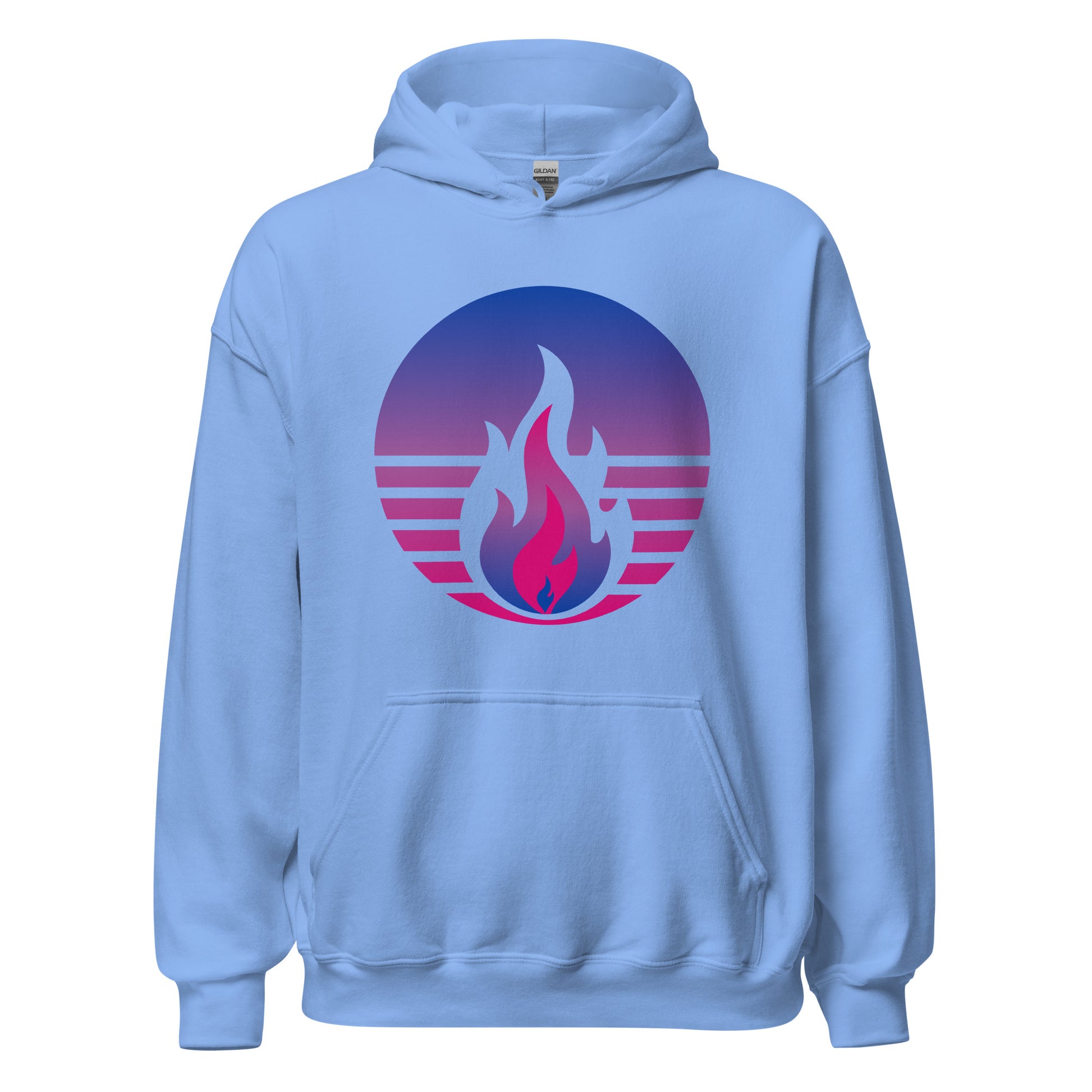 Bisexual Pride Fire Rising Hoodie with retro pride flame graphic, gender-affirming clothing by Sparked By Pride
