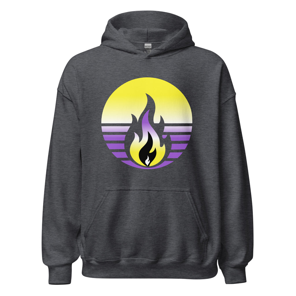 Nonbinary Pride Fire Rising Hoodie with retro pride flame graphic, unisex LGBTQ+ pride apparel by Sparked By Pride