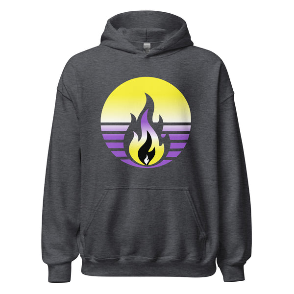 Nonbinary Pride Fire Rising Hoodie with retro pride flame graphic, unisex LGBTQ+ pride apparel by Sparked By Pride