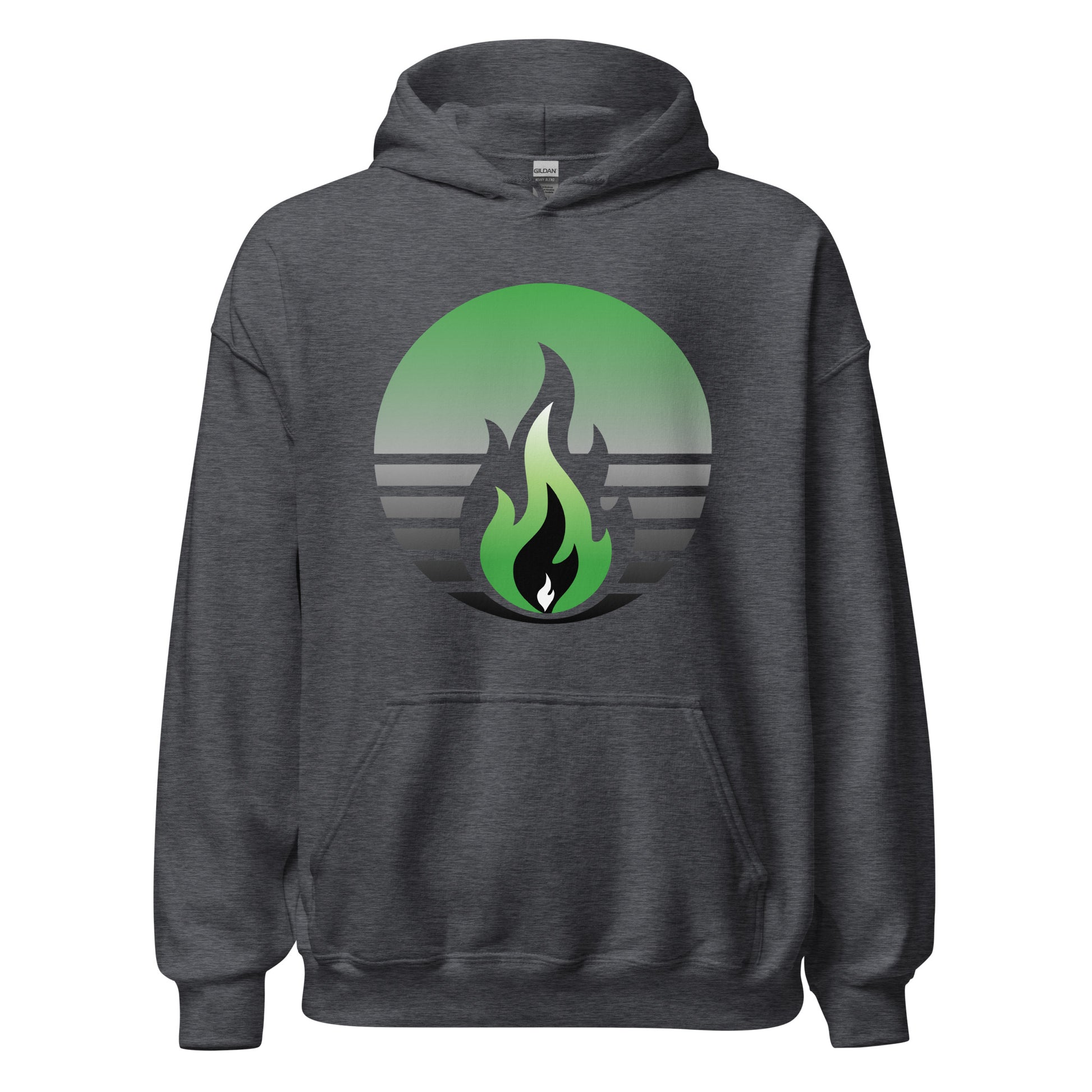 Aromantic Pride Fire Rising Hoodie with retro pride flame graphic in green tones by Sparked By Pride