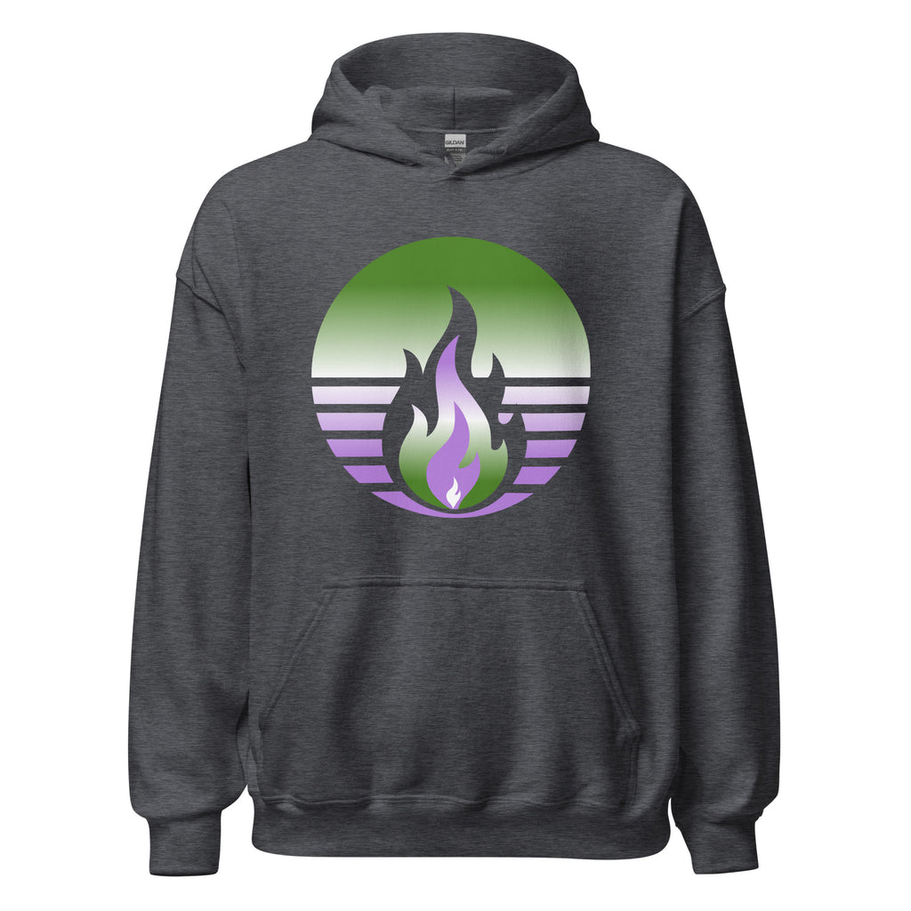 Genderqueer Pride Fire Rising Hoodie with retro pride flame graphic, gender-affirming clothing by Sparked By Pride