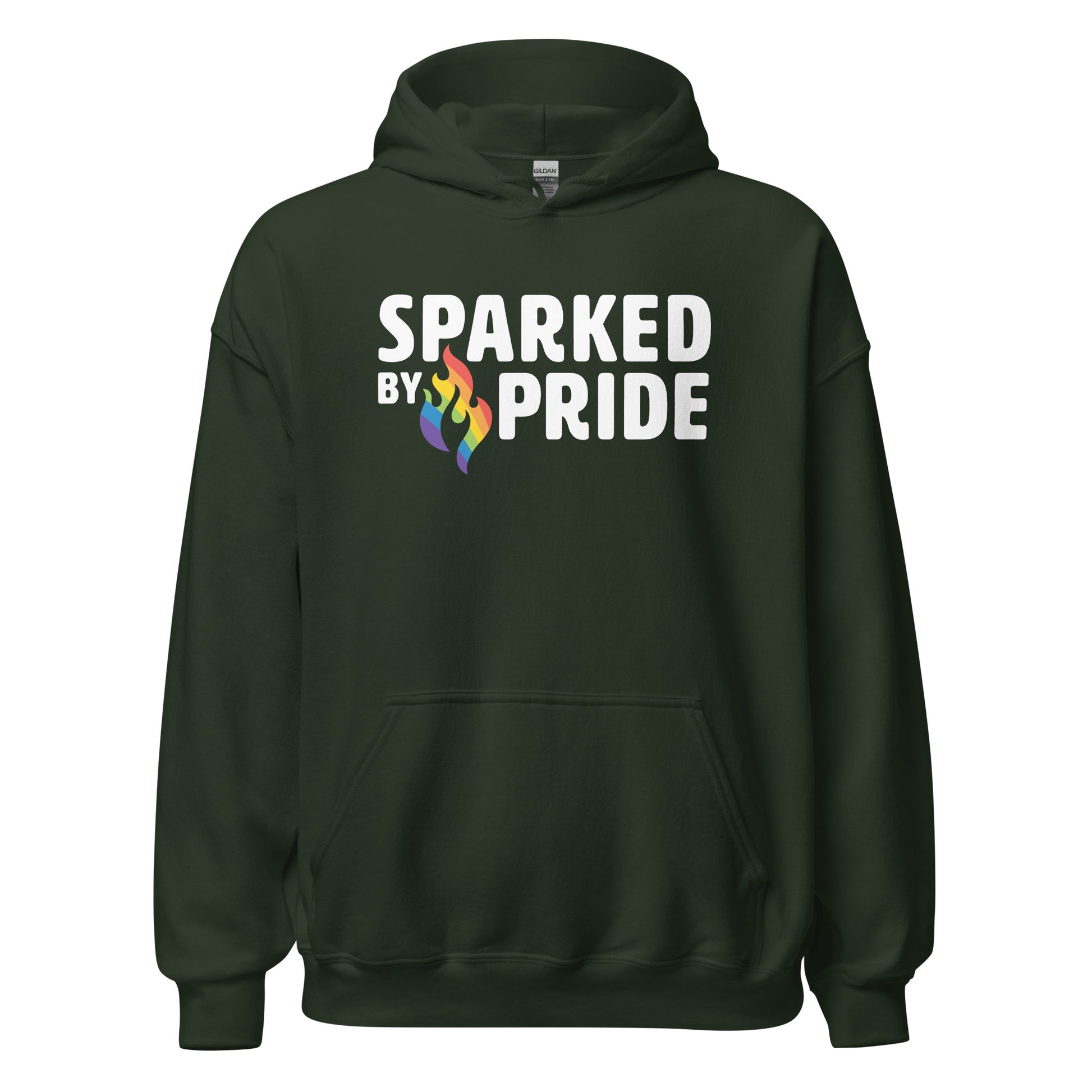 Sparked by Pride Hoodie with printed pride flame graphic, unisex LGBTQ+ pride apparel by Sparked By Pride