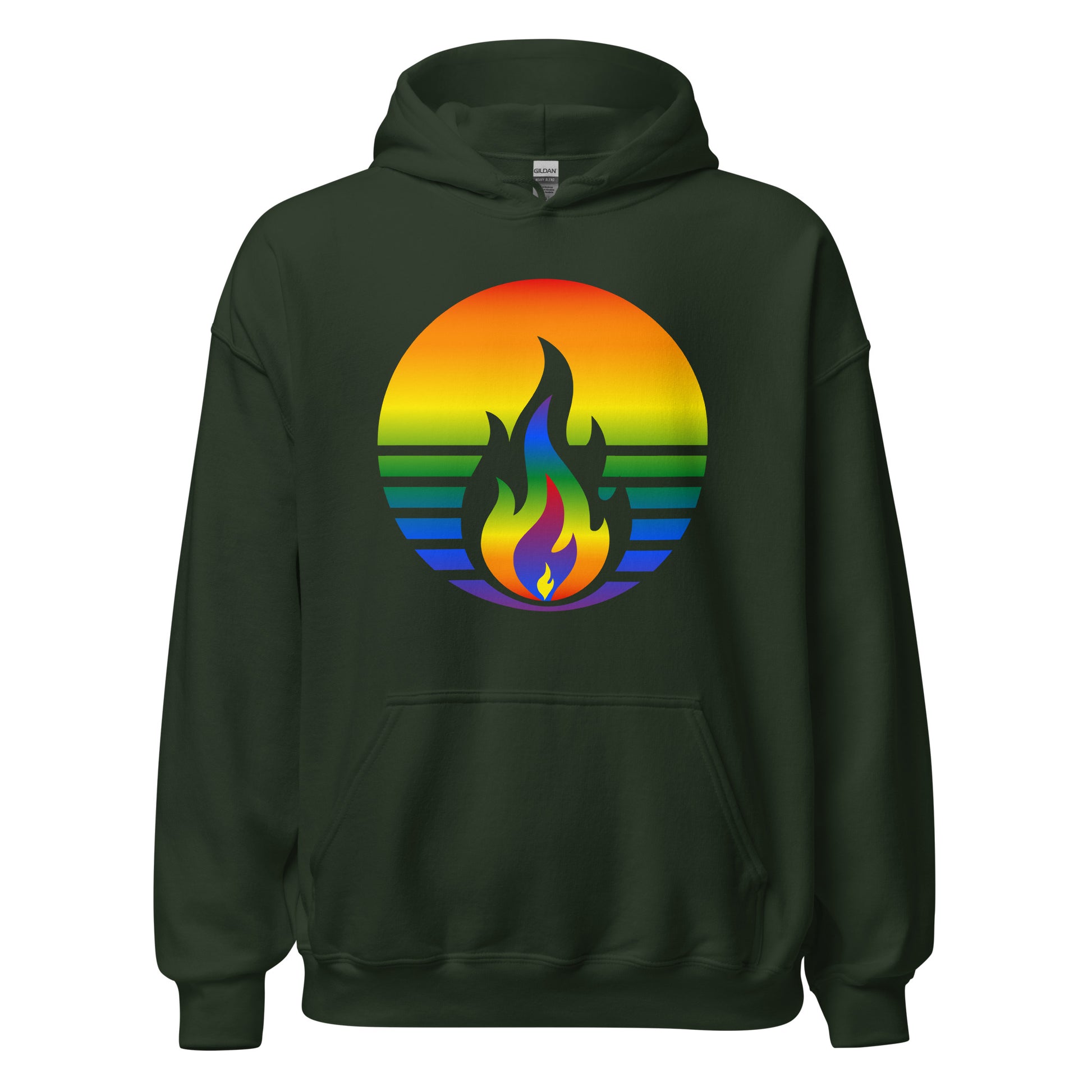 Rainbow Pride Fire Rising Hoodie with retro pride flame graphic, inclusive queer fashion by Sparked By Pride.