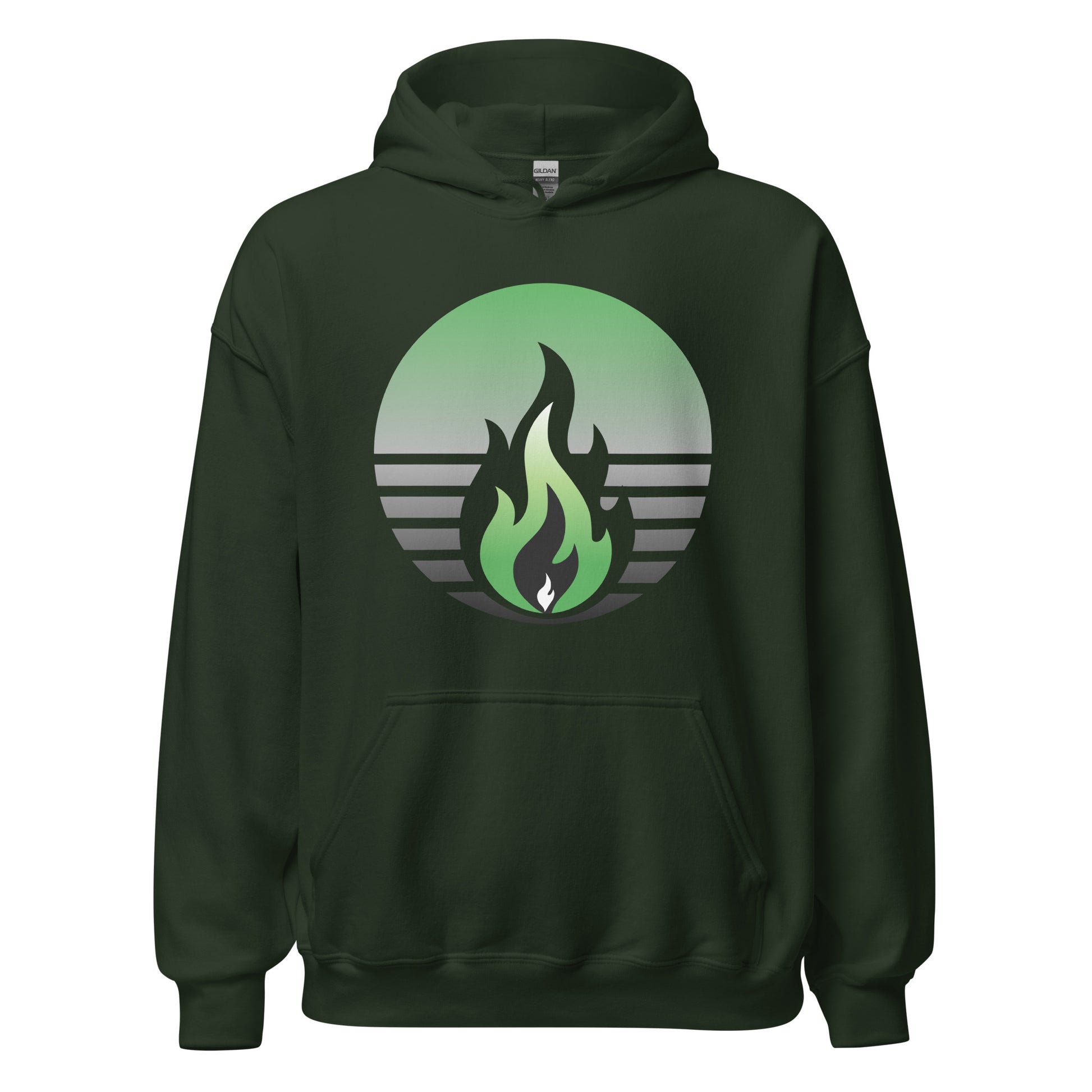 Aromantic Pride Fire Rising Hoodie with retro pride flame graphic, unisex LGBTQ+ pride apparel by Sparked By Pride