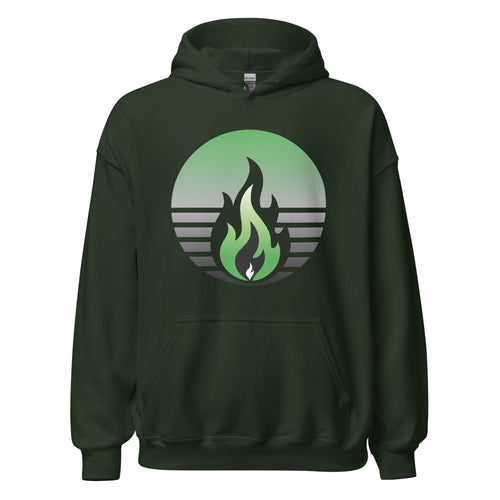 Aromantic Pride Fire Rising Hoodie with retro pride flame graphic, unisex LGBTQ+ pride apparel by Sparked By Pride