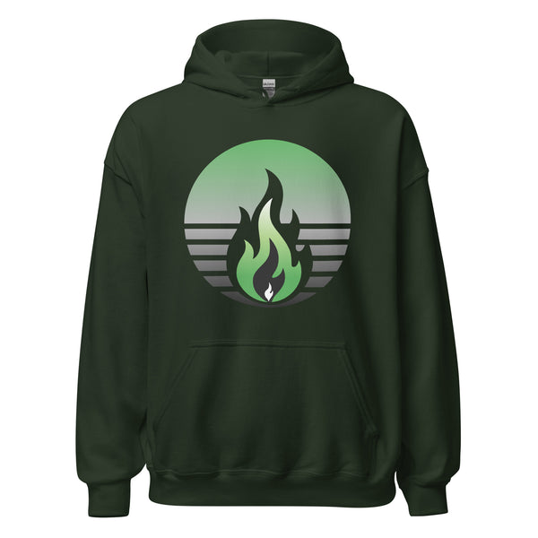 Aromantic Pride Fire Rising Hoodie with retro pride flame graphic, unisex LGBTQ+ pride apparel by Sparked By Pride