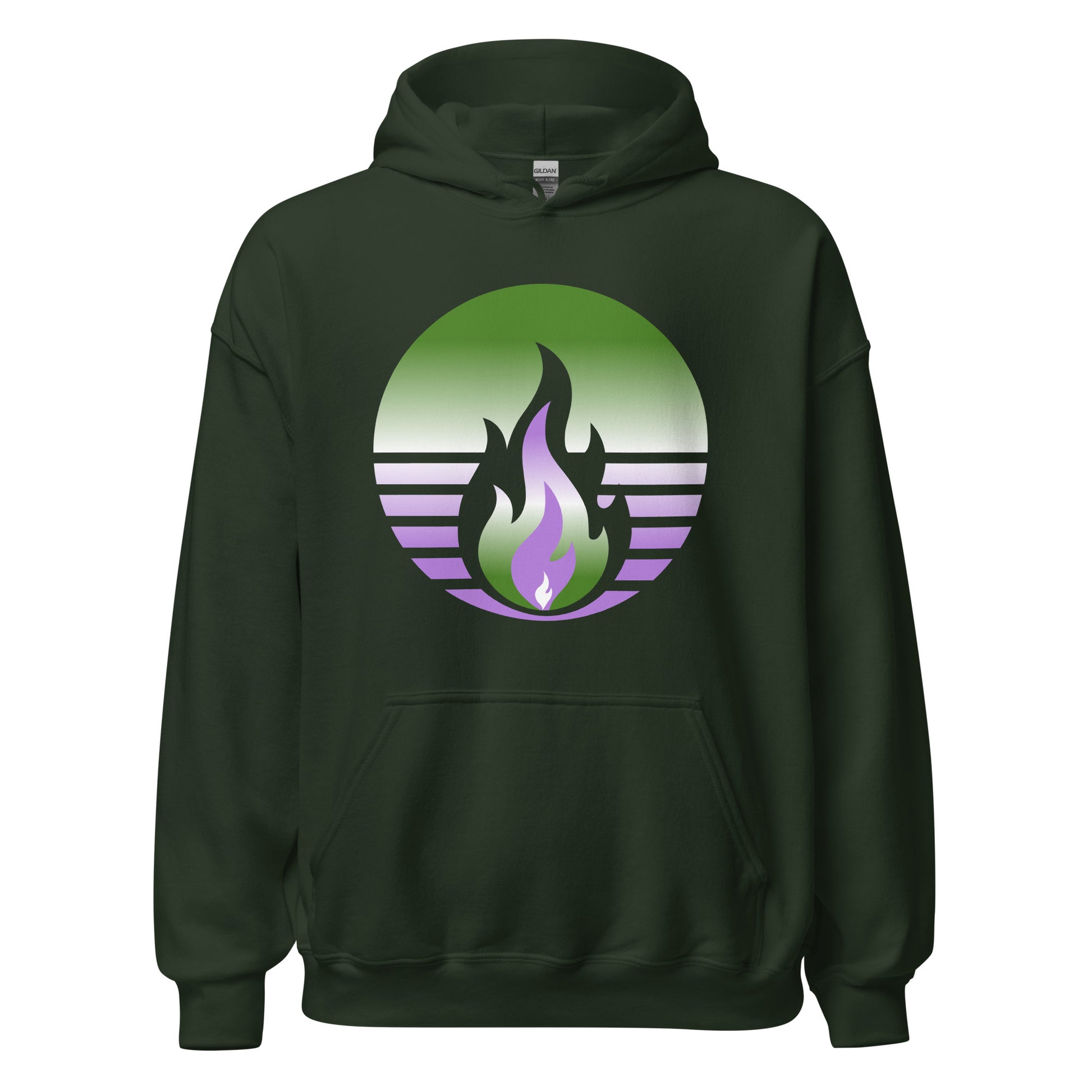 Genderqueer Pride Fire Rising Hoodie with retro pride flame graphic, unisex fit, gender-affirming clothing by Sparked By Pride