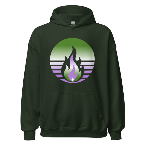 Genderqueer Pride Fire Rising Hoodie with retro pride flame graphic, unisex fit, gender-affirming clothing by Sparked By Pride