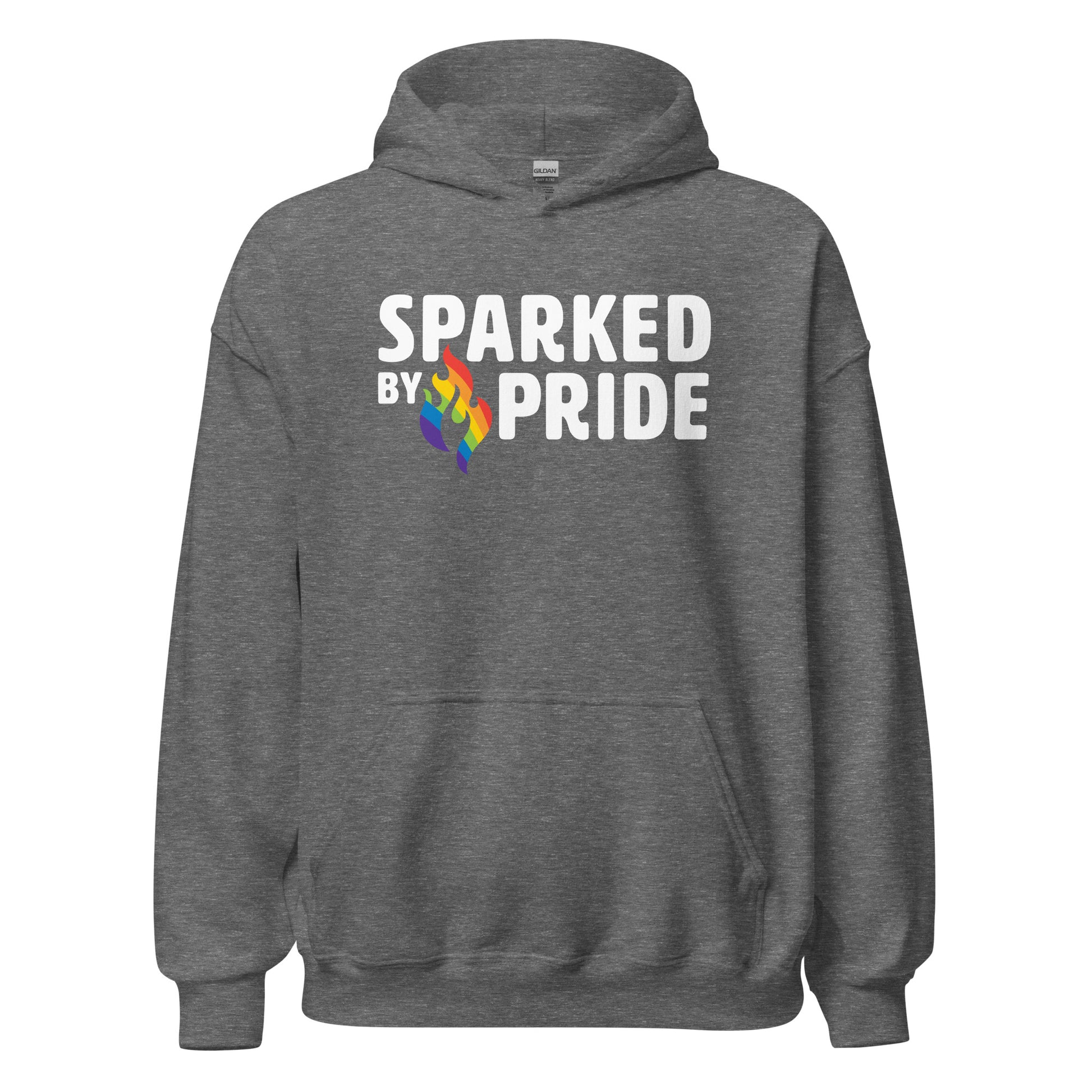 Sparked by Pride Hoodie with retro pride flame graphic, unisex fit, made to order LGBTQ apparel by Sparked By Pride