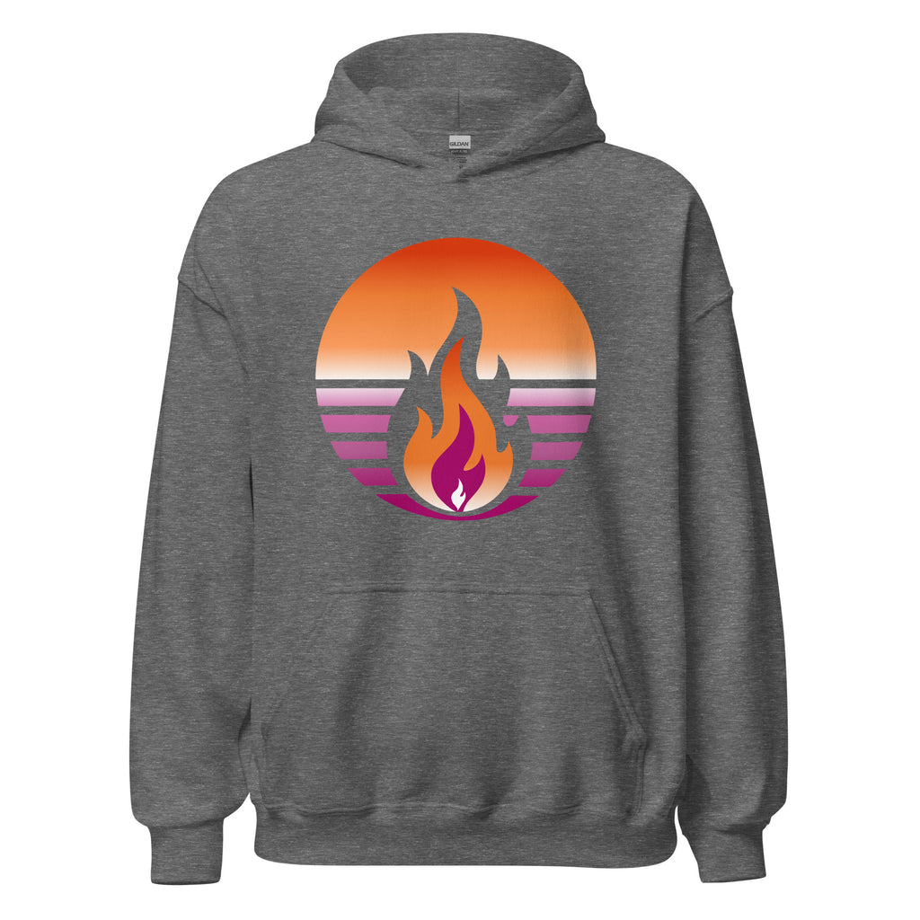 Lesbian Pride Fire Rising Hoodie with retro pride flame graphic, unisex LGBTQ+ pride apparel by Sparked By Pride