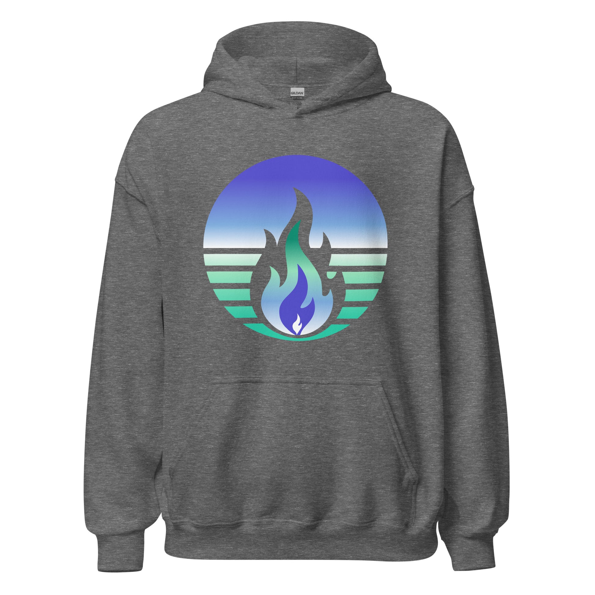 Gay Men Pride Fire Rising Hoodie with retro pride flame in blues and greens, unisex LGBTQ+ pride apparel by Sparked By Pride