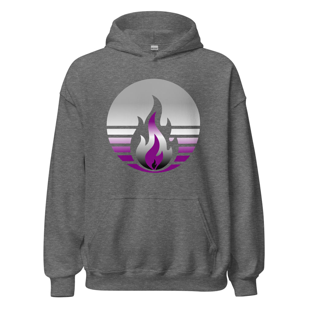 Asexual Pride Fire Rising Hoodie with retro pride flame graphic in black, gray, white, purple by Sparked By Pride